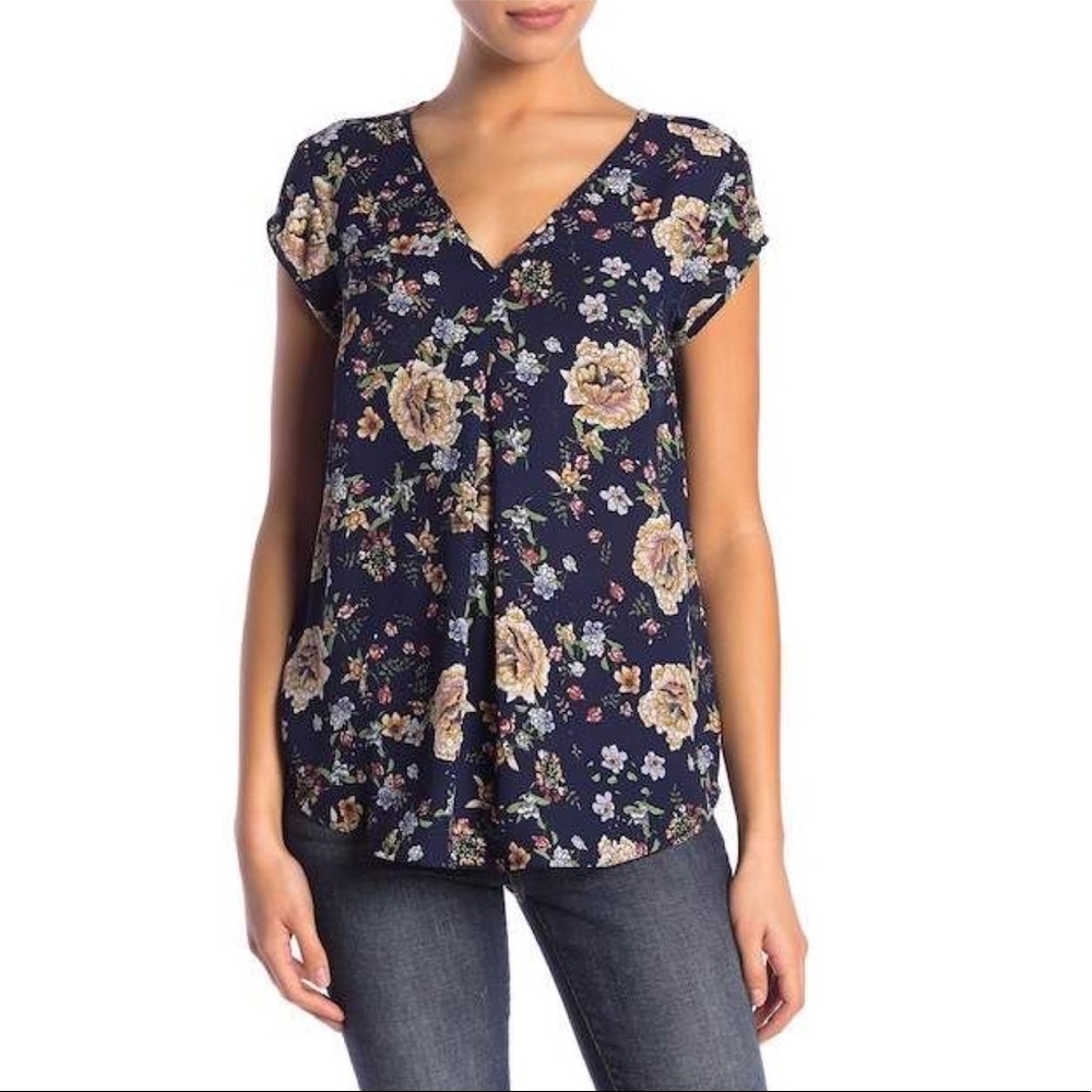 Halogen Double V-neck Top Navy Floral NWT